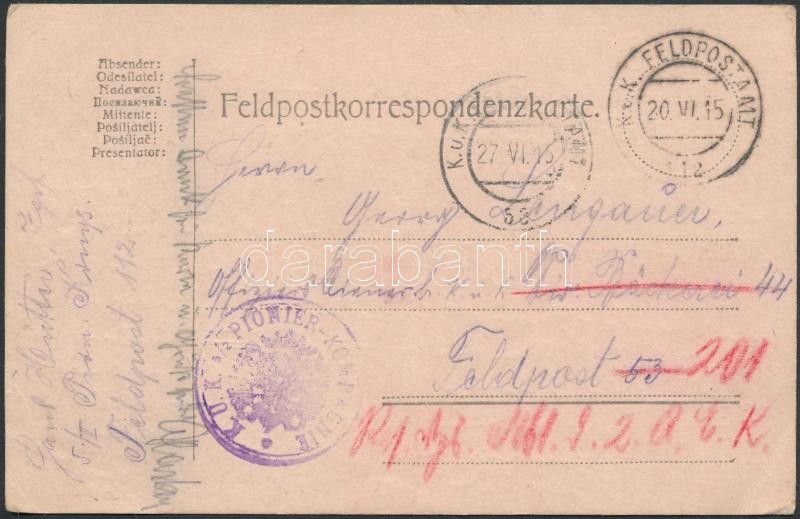 Austria-Hungary Field postcard, Tábori lap tábori posta címre és továbbküldve &quot;FP 112&quot;