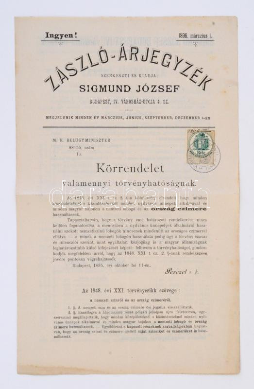 1896 Sigmund József zászló árjegyzék, rajta az 1848-as a nemzeti ...