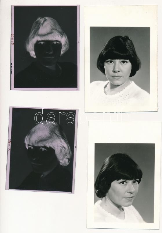 cca 1974 Sütz Ila színésznő, 4 db szabadon felhasználható vintage negatív (7x6 cm) és 3 db vintage pozitív kép, 7x6 cm