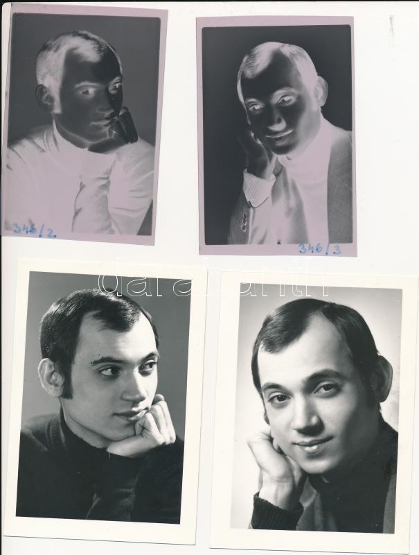 cca 1973 Paudics Béla színész, 3 db szabadon felhasználható vintage negatív (7×6 cm) és 3 db vintage pozitív kép, 10x7 cm