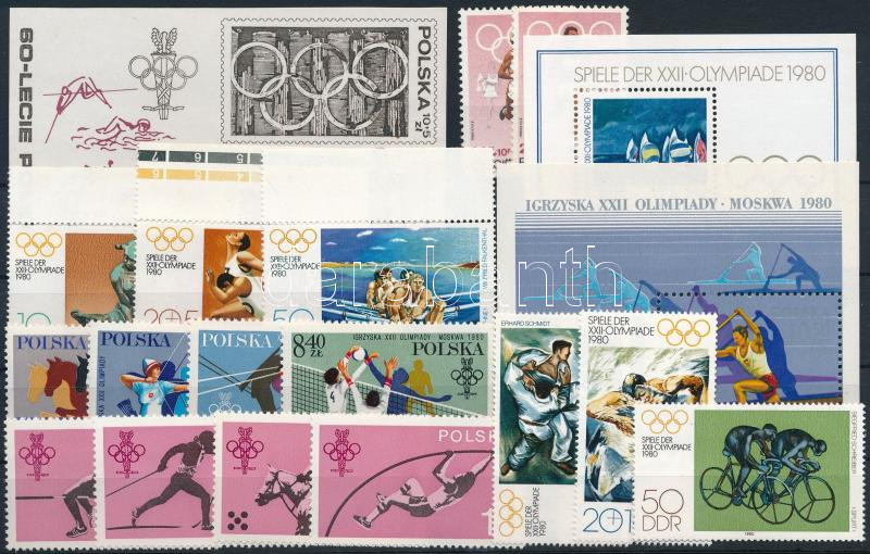 Európai országok 1979-1980 Sport motívum 16 db bélyeg, közte teljes sorok + 3 db klf blokk, European countries 1979-1980 Sport 16 stamps + 3 blocks