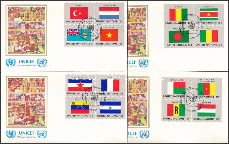 Flags (I) set blocks of 4 4 UNICEF FDC, Zászlók (I) sor 4 négyestömbben 4 db UNICEF FDC-n