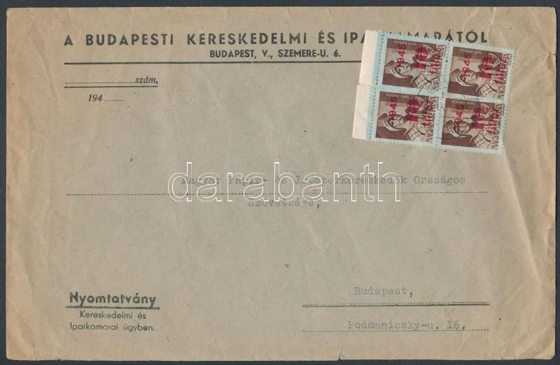 Inflation cover, (2. díjszabás) Nyomtatványként feladott helyi levél Kisegítő 10f/4f ívszéli négyestömbbel bérmentesítve