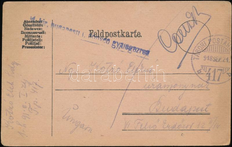 Austria-Hungary Field postcard, Tábori posta levelezőlap &quot;M.kir. budapesti I. honvéd gyalogezred&quot; + &quot;TP 417 b&quot;