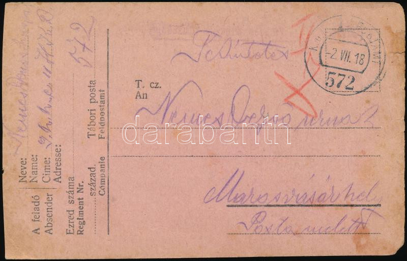 Austria-Hungary Field postcard &quot;FP 572&quot;, Tábori posta levelezőlap &quot;FP 572&quot;