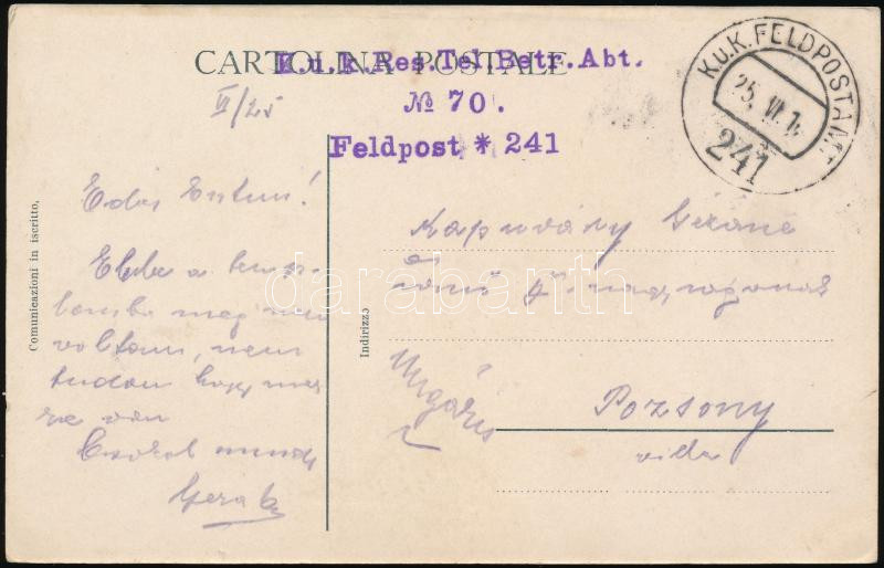 Austria-Hungary Field postcard &quot;K.u.k. Res. Tel. Betr. Abt. No.70&quot; + &quot;FP 241&quot;, Tábori posta képeslap &quot;K.u.k. Res. Tel. Betr. Abt. No.70&quot; + &quot;FP 241&quot;