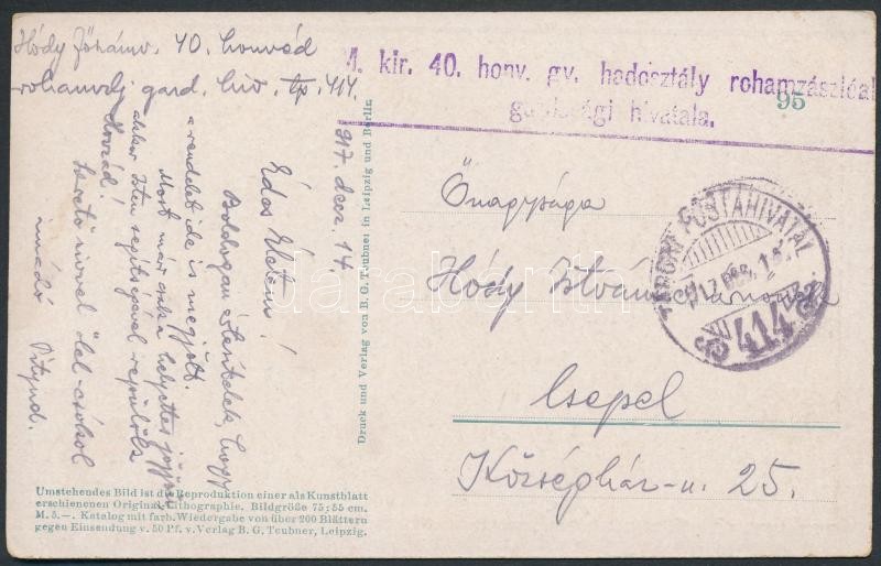 Austria-Hungary Field postcard, Tábori posta képeslap &quot;M.kir. 40. honv. gy. hadosztály rohamzászlóalj gazdasági hivatala&quot; + &quot;TP 414&quot;