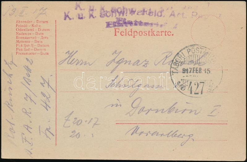 Austria-Hungary Field postcard &quot;K.u.k. schwere Art. R.&quot; + &quot;TP 427&quot;, Tábori posta levelezőlap &quot;K.u.k. schwere Art. R.&quot; + &quot;TP 427&quot;