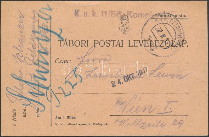 Austria-Hungary Field postcard &quot;K.u.k. 11/56 Komp...&quot; + &quot;FP 293&quot;, Tábori posta levelezőlap &quot;K.u.k. 11/56 Komp...&quot; + &quot;FP 293&quot;