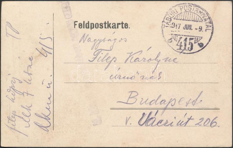 Tábori posta levelezőlap &quot;M.kir. 7. honvéd tábori ágyus ezred&quot; + &quot;TP 415 b&quot;, Austria-Hungary Field postcard