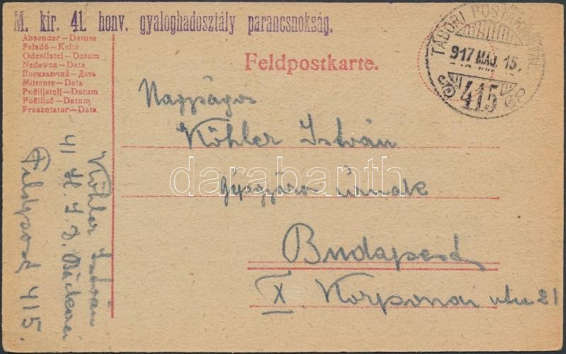 Austria-Hungary Field postcard, Tábori posta levelezőlap &quot;M.kir. 41. honv. gyaloghadosztály parancsnokság&quot; + &quot;TP 415&quot;