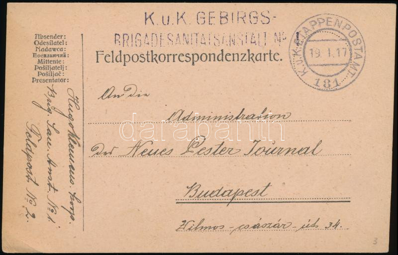 Austria-Hungary Field postcard &quot;K.u.K. GEBIRGS / BRIGADESANITATSANSTALT&quot; + &quot;EP 181&quot;, Tábori posta levelezőlap &quot;K.u.K. GEBIRGS / BRIGADESANITATSANSTALT&quot; + &quot;EP 181&quot;