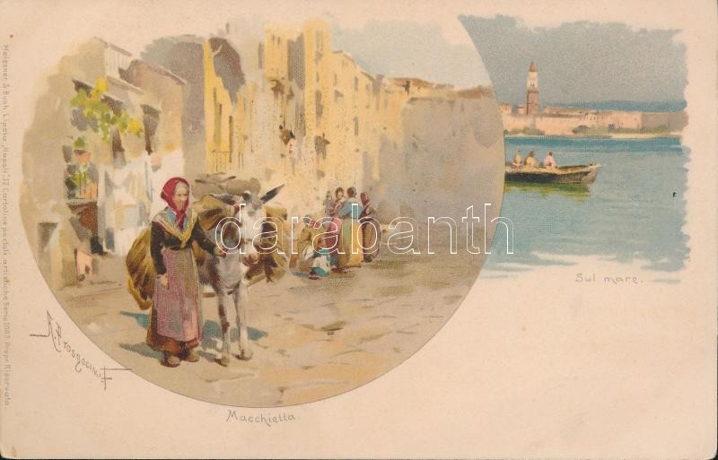 Naples, Napoli; Macchietta, Sul mare / folklore, Meissner & Buch Napoli 12 Cartolina Serie 1085. litho s: A. Prosdocimi