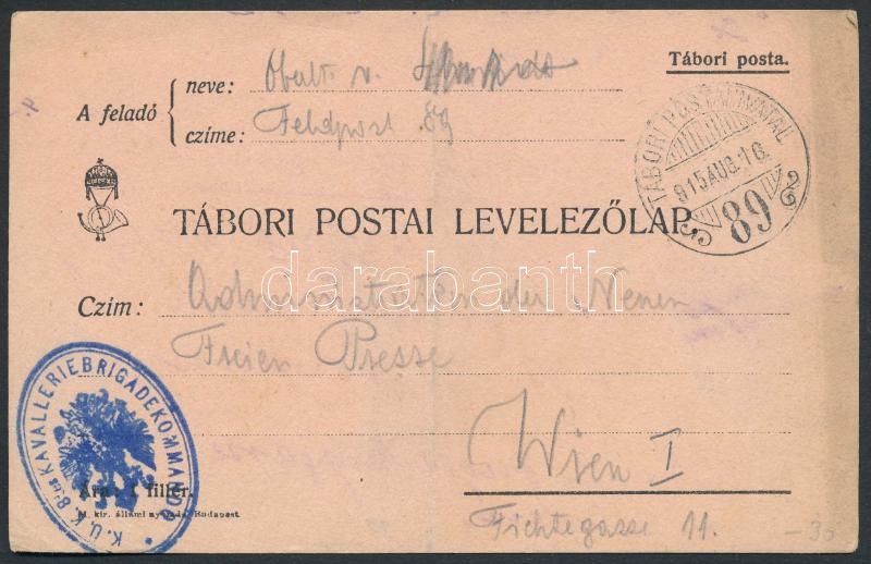 Austria-Hungary Field postcard, Tábori posta levelezőlap &quot;K.U.K. 8tes KAVALLERIEBRIGADEKOMMANDO&quot; + &quot;TP 89&quot;