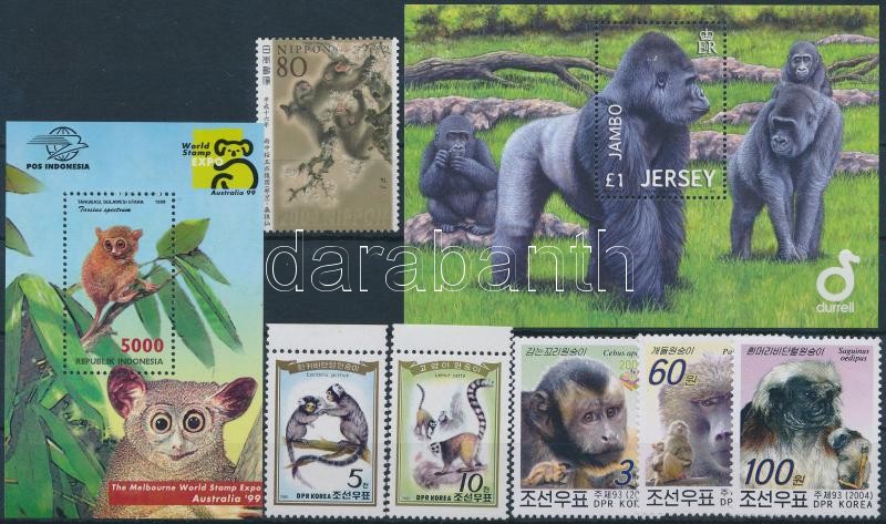 1985-2012 Majom motívum 1 db sor + 2 db blokk + 4 db önálló érték, 1985-2012 Monkey 1 set + 2 blocks + 4 stamps