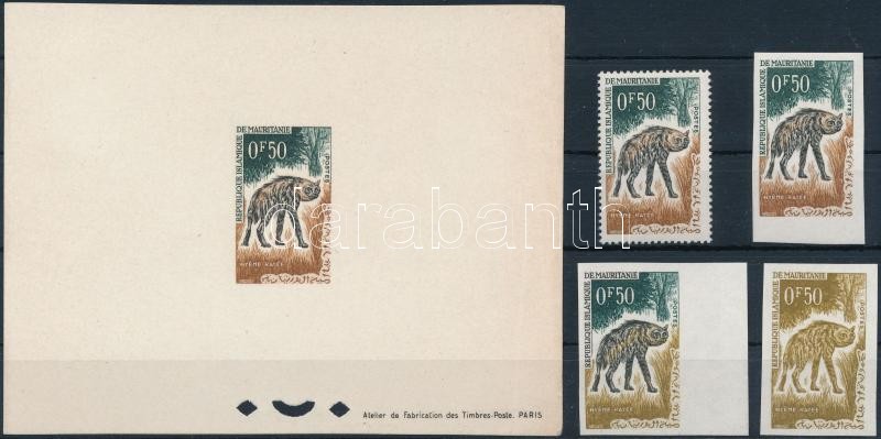 Hyena perf and imperf stamp + de luxe block + 2 colour-proof (paper crease), Hiéna fogazott és vágott bélyeg valamint de luxe blokk formában + 2 db színpróbanyomat (blokkon papírránc / paper crease)