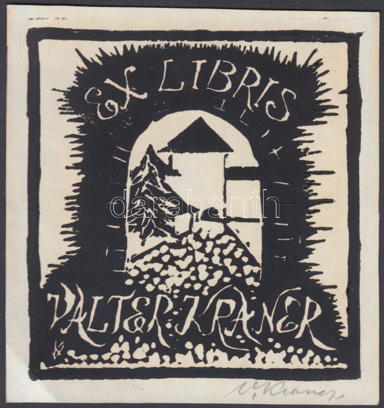 Valter Kraner (1907-1997): Ex libris,11x10 cm., Valter Kraner (1907-1997): Ex libris, bookplate. Lino-cut, signed, 11x10 cm