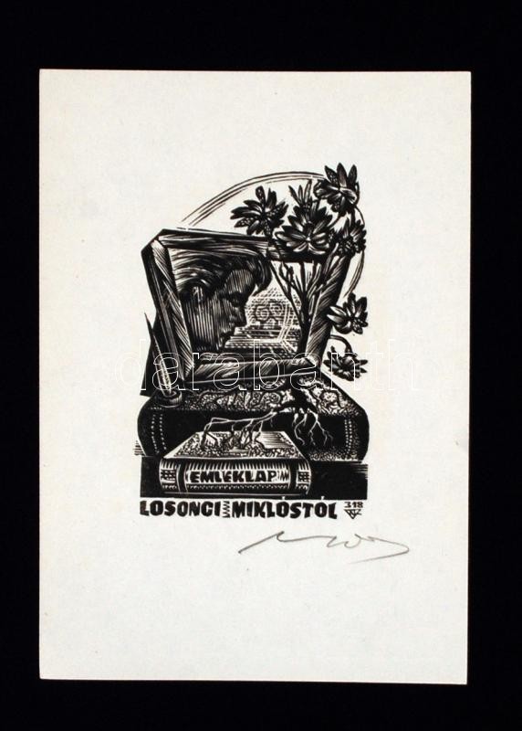 Nagy Lázár László (1935-): Ex libris, Losonci Miklós emléklap. Fametszet, papír, jelzett, 10×9 cm