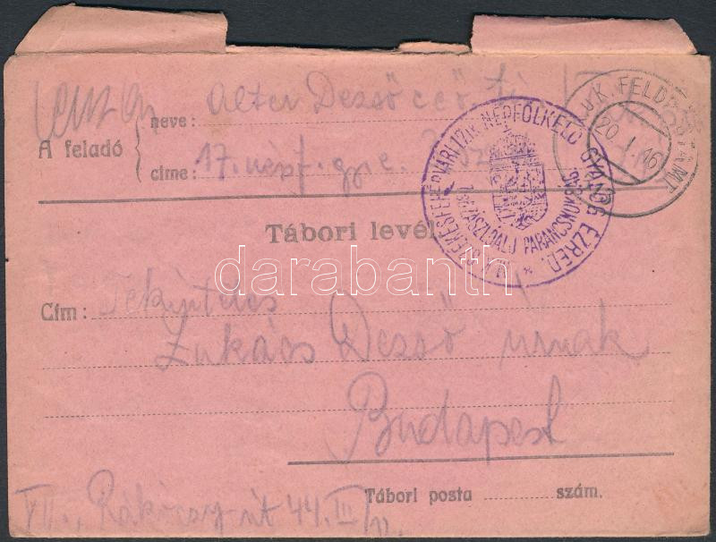 Tábori posta levé &quot;M.K. SZÉKESFEHÉRVÁRI 17.ik NÉPFÖLKELŐ GYALOG EZRED 1ső ZÁSZLÓALJ PARANCSNOKSÁG&quot; + &quot;FP 313&quot;, Austria-Hungary Field cover &quot;M.K. SZÉKESFEHÉRVÁRI 17.ik NÉPFÖLKELŐ GYALOG EZRED 1ső ZÁSZLÓALJ PARANCSNOKSÁG&quot; + &quot;FP 313&quot;