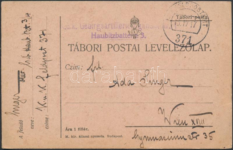 Austria-Hungary Field cover &quot;K.u.k. Gebirgsartillerieregiment / Haubitzbatterie 3.&quot; + &quot;FP 371&quot;, Tábori posta levelezőlap &quot;K.u.k. Gebirgsartillerieregiment / Haubitzbatterie 3.&quot; + &quot;FP 371&quot;