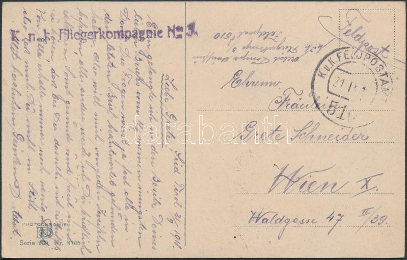 Tábori posta képeslap &quot;K.u.k. Fliegerkompagnie No.3.&quot; + &quot;FP 510&quot;, Austria-Hungary Field postcard &quot;K.u.k. Fliegerkompagnie No.3.&quot; + &quot;FP 510&quot;