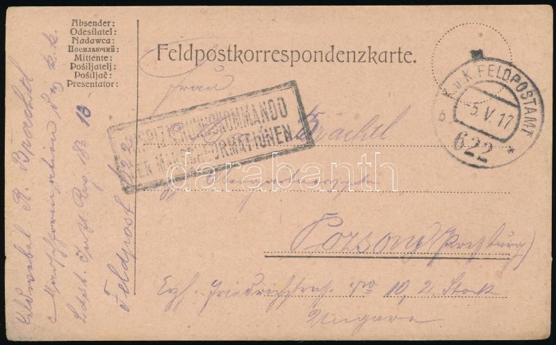 Tábori posta levelezőlap &quot;...KOMMANDO DER MARSCHFORMATIONEN&quot; + &quot;FP 622 b&quot;, Austria-Hungary Field postcard