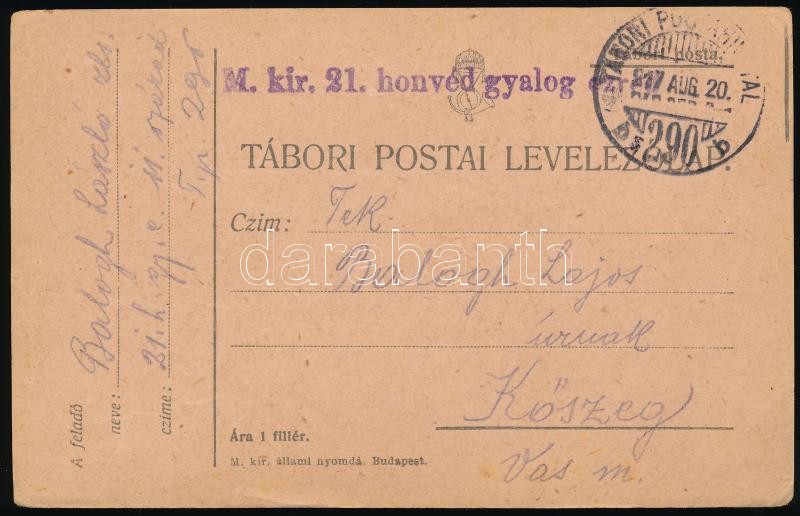 Tábori posta levelezőlap &quot;M.kir. 21. honvéd gyalog ezred&quot; + &quot;TP 290 b&quot;, Austria-Hungary Field postcard
