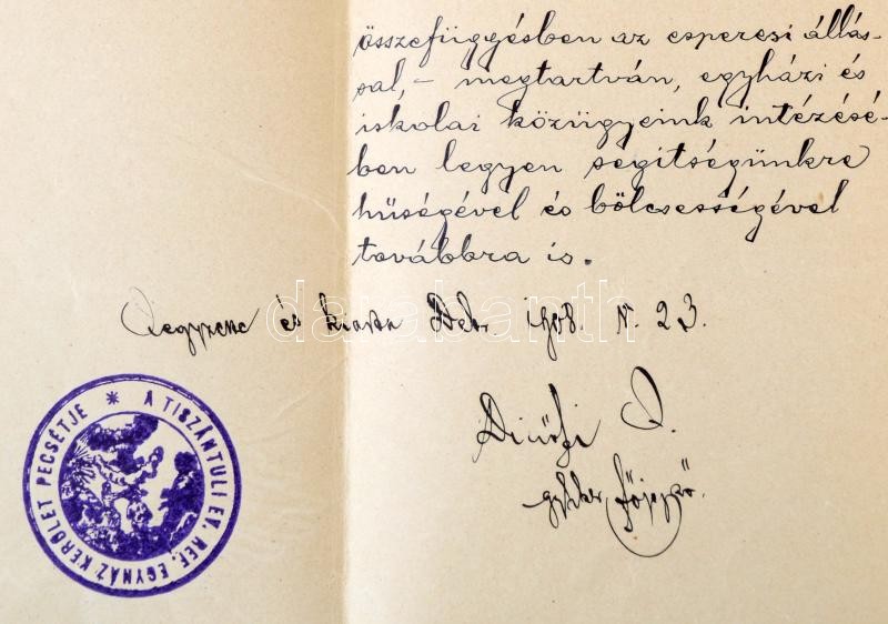Dicsőfi József (1859-?) debreceni lelkész, kutató saját kézzel írt levele és általa aláírt egyházmegyei jegyzőkönyv