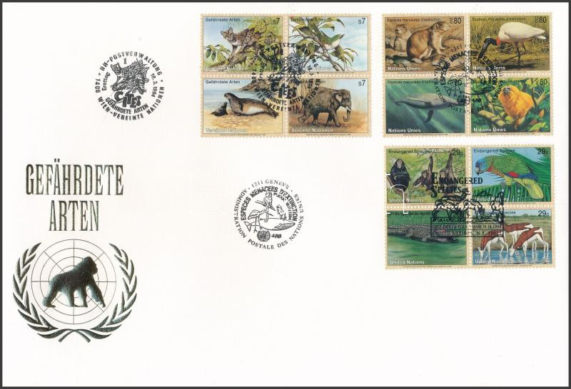 Endangered animals 3 diff block of 4 on FDC, Veszélyeztetett állatok 3 klf négyestömb FDC-n