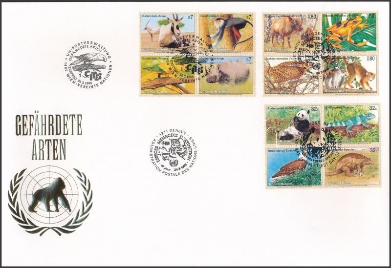 Endangered animals 3 diff block of 4 on FDC, Veszélyeztetett állatok 3 klf négyestömb FDC-n