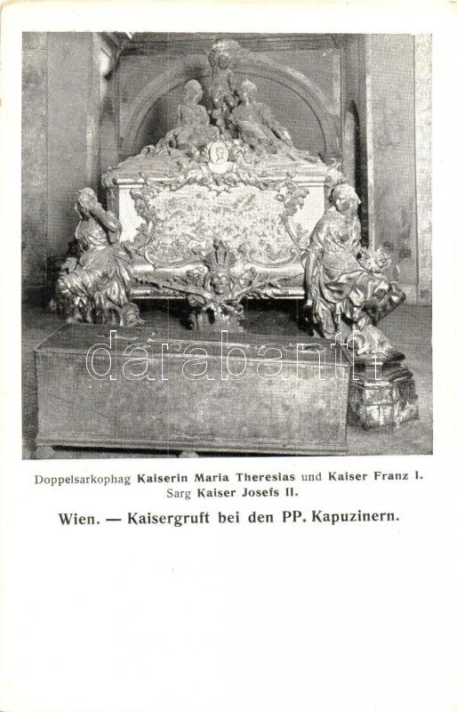 Vienna, Wien; Kaisergruft bei den PP. Kapuzinern /  Austrian royal caskets in Vienna, the double sarcophagus of Kaiserin Maria Theresia and Kaiser Franz I, the coffin of Kaiser Josef II