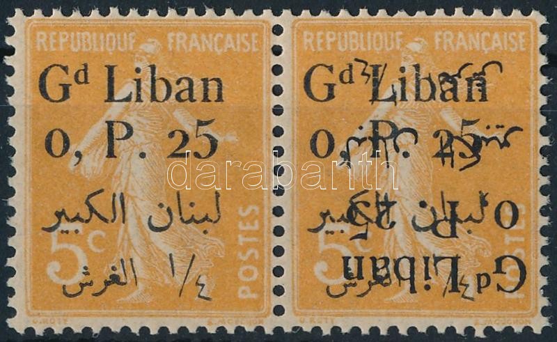 Mi 27 pár az egyik bélyegen kettős felülnyomás, az egyik fordított, Mi 27 pair, on one stamp double overprint, one inverted