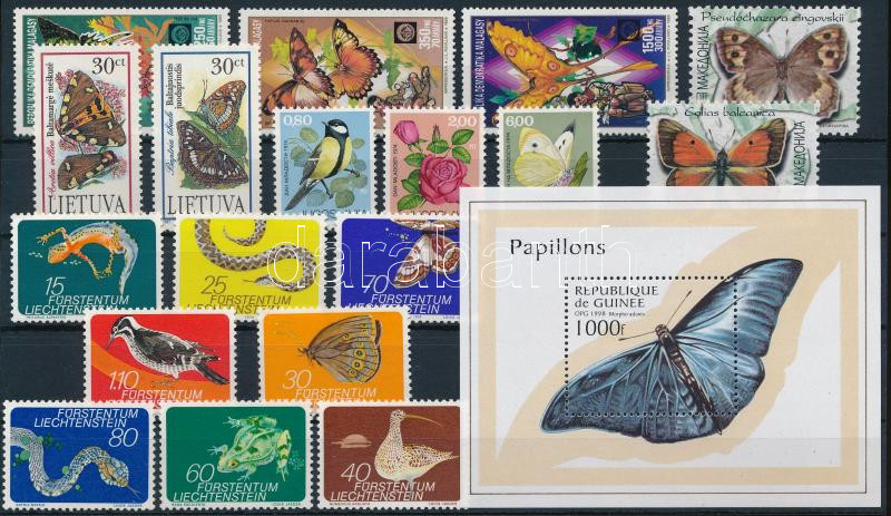 Butterfly, nature 30 stamps, 1 mini sheet and 1 block, Lepke, természet motívum 30 klf bélyeg, 1 kisív és 1 blokk 2 stecklapon