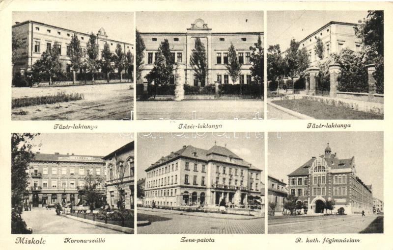 Miskolc, Tüzér laktanya, Korona szálló, Zene-palota, katolikus főgimnázium, Márton Jenő felvétele