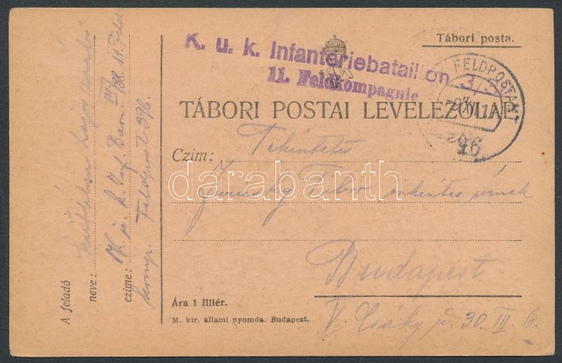 Austria-Hungary Field postcard &quot;K.u.k. Infanteriebataillon 3/38 11. Feldkompagnie&quot; + &quot;FP 396&quot;, Tábori posta levelezőlap &quot;K.u.k. Infanteriebataillon 3/38 11. Feldkompagnie&quot; + &quot;FP 396&quot;