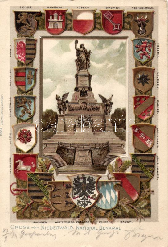 Rüdesheim am Rhein, Niederwald National Denkmal / sttaue, coat of arms, Emb. litho