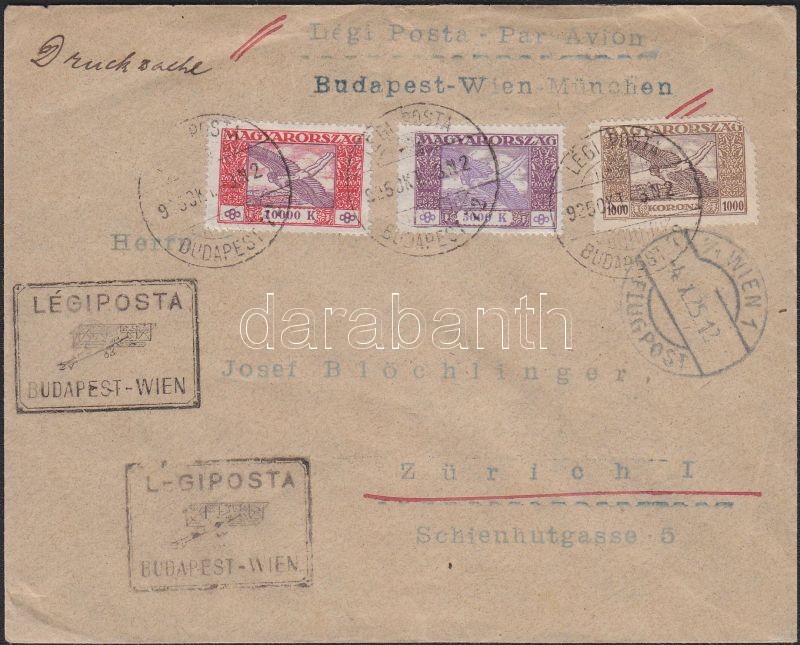 Airmail cover to Zürich via Vienna, (16. díjszabás) Légi levél Zürichbe