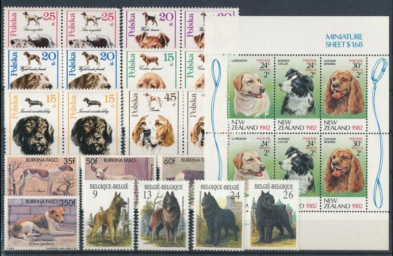Dogs 42 diff stamps + 1 minisheet, Kutya motívum 42 db bélyeg és 1 kisív 2 stecklapon