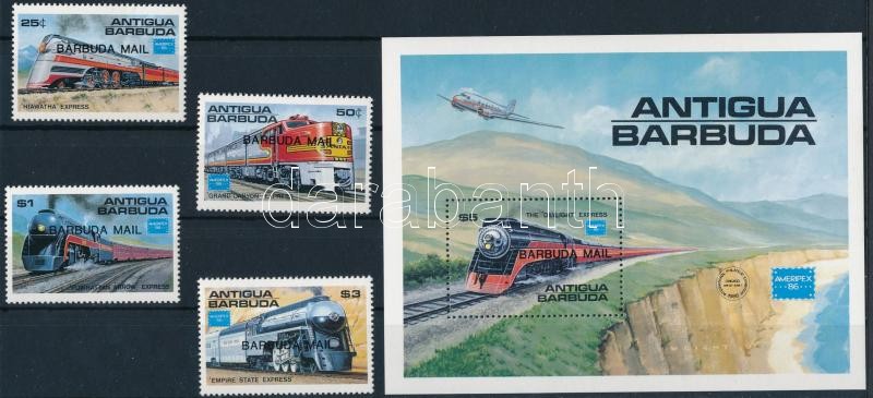 International Stamp Exhibition '86 AMERIPEX, Chicago: American trains set + block, Nemzetközi Bélyegkiállítás AMERIPEX '86, Chicago: amerikai vonatok sor + blokk