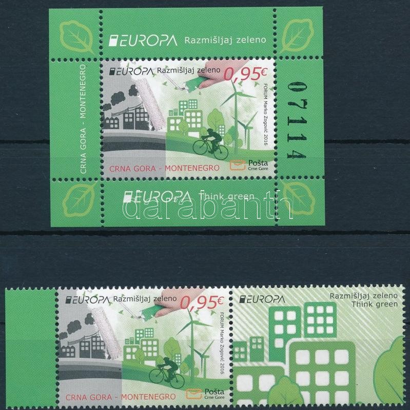 Europa CEPT, Környezettudatosság ívszéli szelvényes bélyeg + blokk, Europa CEPT, Environmental Awareness margin stamp with coupon + block