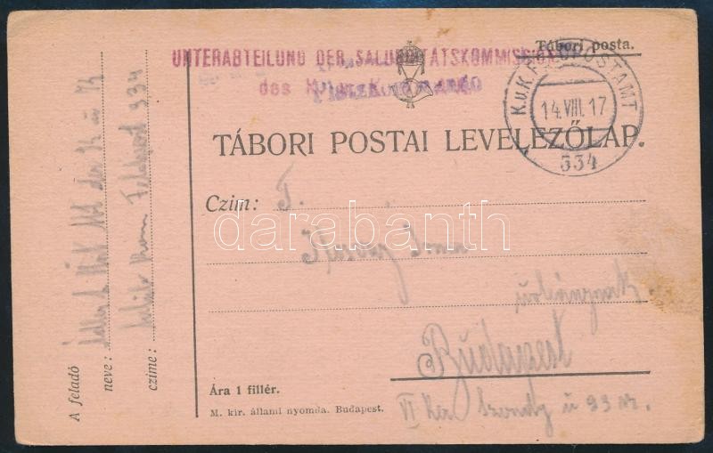 Austria-Hungary Field Postcard &quot;UNTERABTEILUNG DER SALUBRITATSKOMISSION&quot; + &quot;FP 334&quot;, Tábori posta levelezőlap &quot;UNTERABTEILUNG DER SALUBRITATSKOMISSION&quot; + &quot;FP 334&quot;