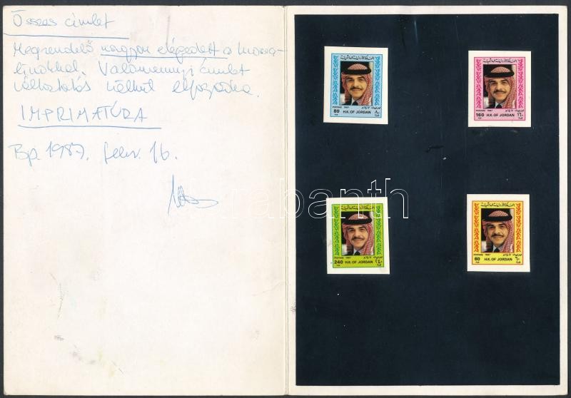King Hussein 4 cromalin, Hussein király 4 db klf cromalin a kiadott színekben megrendelői megjegyzésekkel, borítóba ragasztva.