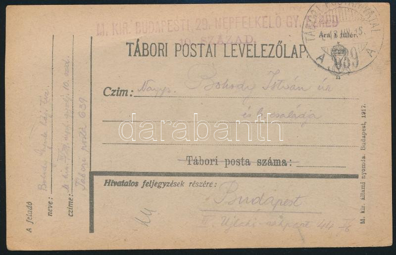 Austria-Hungary Field Postcard, Tábori posta levelezőlap &quot;M.KIR. BUDAPESTI 29. NÉPFELKELŐ GY. EZRED 10. SZÁZAD&quot; + &quot;TP 639 A&quot;