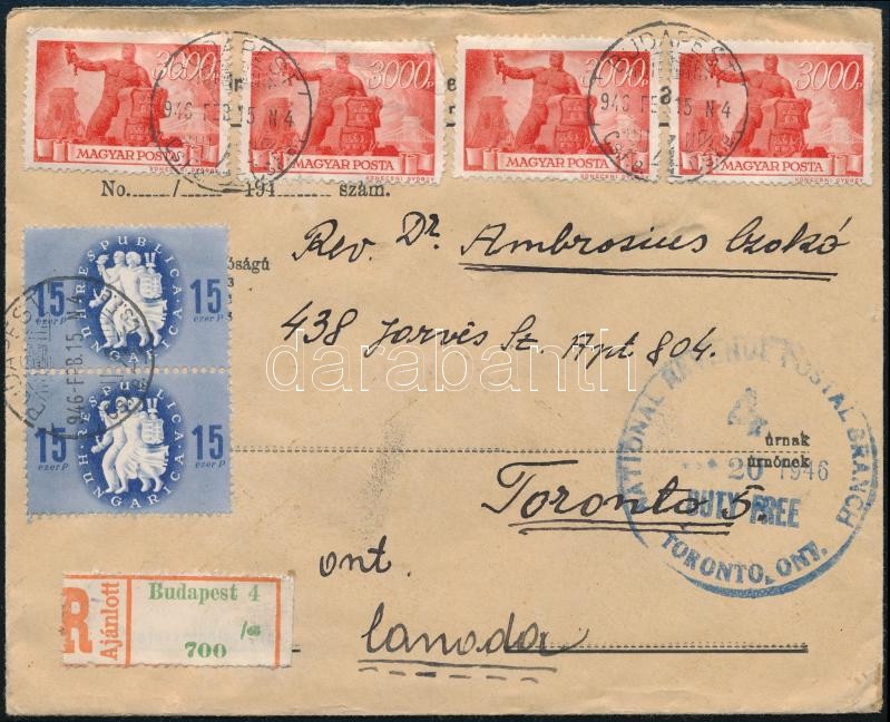 Registered cover to Toronto, (7. díjszabás) Ajánlott levél Újjáépítés és Köztársaság bélyegekkel Kanadába