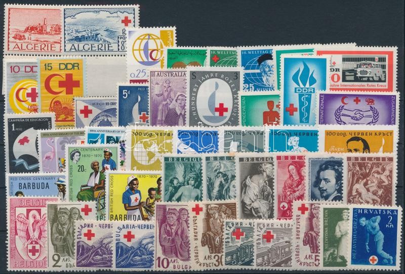 1944-1970 Red Cross 45 stamps, 1944-1970 Vöröskereszt motívum 45 db klf bélyeg, közte sorok, ívszéli értékek stecklapon