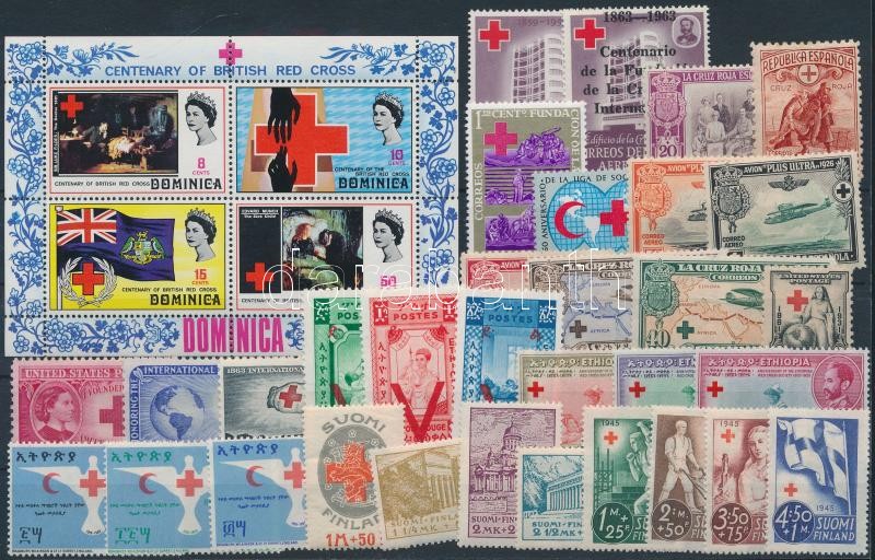 1926-1970 Red Cross 32 stamps + 1 block, 1926-1970 Vöröskereszt motívum 32 db bélyeg, közte teljes sorok + 1 db blokk stecklapon