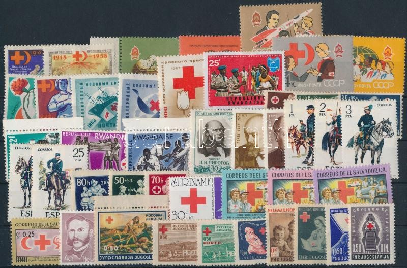 1943-1989 Red Cross 14 sets + 52 stamps, Vöröskereszt motívum 1943-1989 14 klf sor + 52 klf önálló érték 2 db stecklapon
