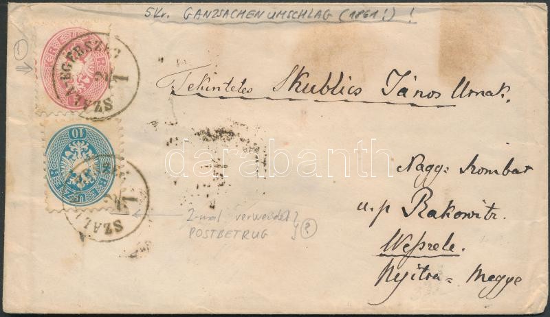 1861 5kr Díjjegyes boríték felülragasztva 5kr + 10kr bélyeggel (10kr 2x felhasználva) érdekes darab! 