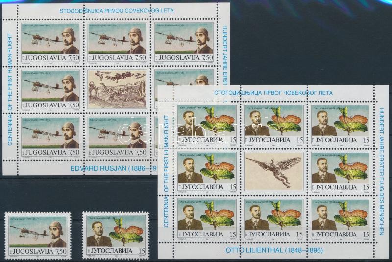 Centenary of Otto Lilienthal first flight test set + mini sheet set, Otto Lilienthal 1. repülési kísérletének 100. évfordulója sor + kisívsor