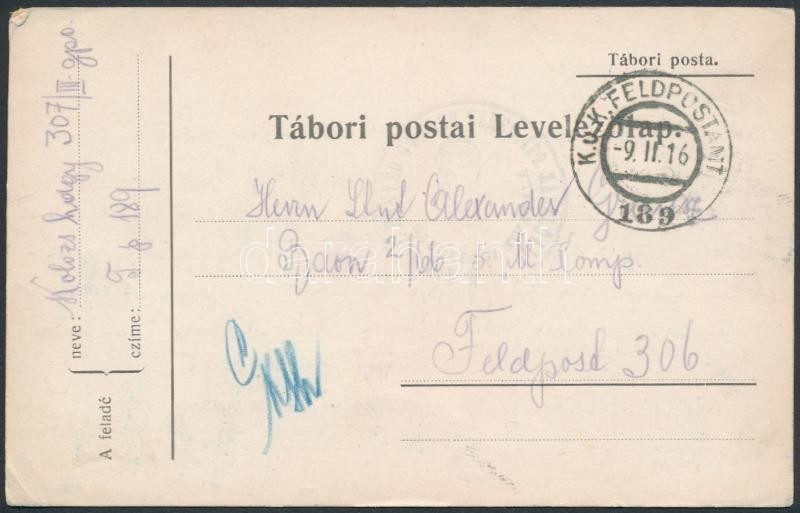 Tábori posta levelezőlap &quot;M. KIR. 307. HONVÉD GYALOG EZRED&quot; + &quot;FP 189&quot;, Austria-Hungary Field Postcard